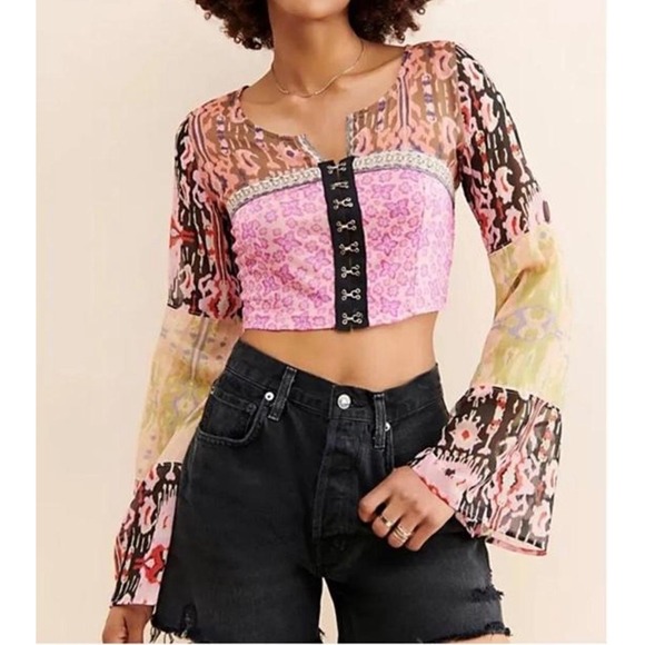 Free People Tops - Free People Mixed Print Crop Top Pink Orange Boho Bell Sleeve XS Hook Eye Blouse